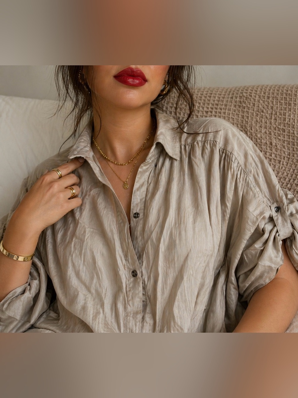 Express Satin-Look Button Down Shirt in Light Beige